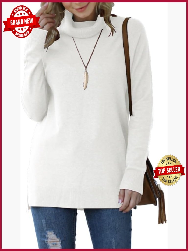 Turtleneck Long Sleeve Pullover Sweater Side Split Classic